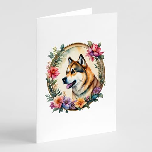 Caroline's Treasures Akita and Flowers Greeting Cards and Envelopes Pack of 8 Blank Cards with Envelopes Whimsical A7 Size 5x7 Blank Greeting Cards