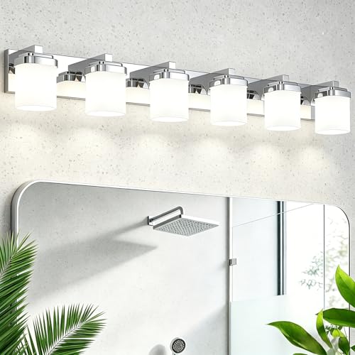 Image of 45 Inches Bathroom Vanity Light, 6-Light Chrome Bathroom Light Fixtures Over Mirror, Bathroom Light Shower Lamp with Milky White Square Glass Shade, Modern Farmhouse Lighting Fixtures