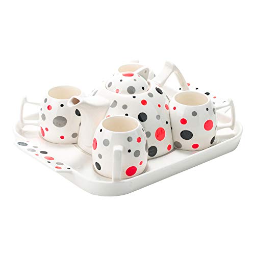 Hilynssher Aodyow Tea Cup Set, One Goods Porcelain Teapot Coffee Cups Set with Ceramic Serving Tray Polka Dot Drinking Cups for Tea Latte Espresso Water (Poppy Red)