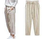 ORANDESIGNE Femme Été Décontractée Coton Lin Ample Pantalon Léger Cordon Élastique Solide Couleur Pantacourt Sport Pants 7/8 Longueur Pants Z2 Kaki Small