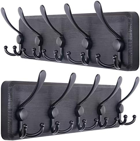 SKOLOO Coat Rack Wall Mounted - 38.3'' Long, Wooden, Heavy Duty, Rustic Coat Hooks for Wall, 16'' Hole to Hole, Wall Coat Rack with 10 Triple Hooks for Hanging Clothes, Jacket, Hat(Brown)