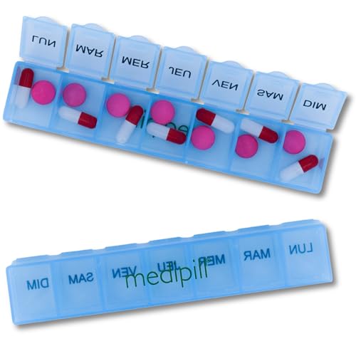 MEDIPILL - Pilulier Semainier Français | Pilulier 7 jours - 7 Compartiments | Compact et Durable | Sans BPA| Bleu | Une Pièce | MED-S7-B
