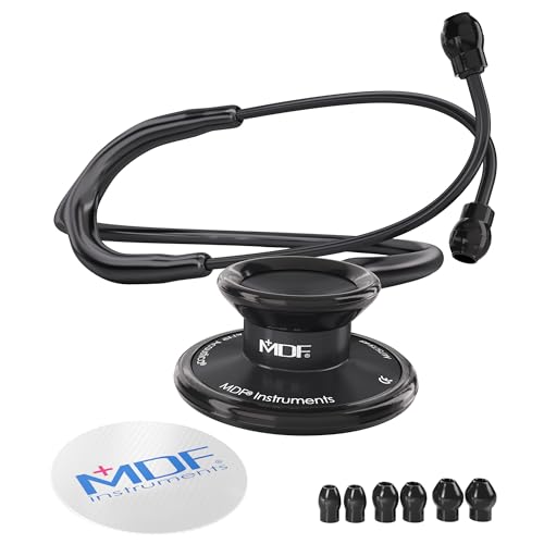 MDF Instruments, Acoustica Lightweight Stethoscope for Doctors, Nurses, Students, Home Health Use, Adult, Dual Head, Black Tube, Black Chestpiece-Headset, MDF747XPBO