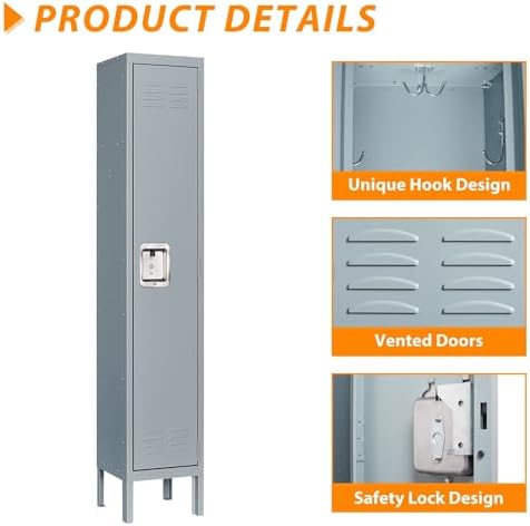 LISSIMO Metal Locker for Home, Dressing Room, Gym, 66" Steel Storage Lockers for Employees, Lockable Locker Cabinet with Door (1 Door, Grey) - 3