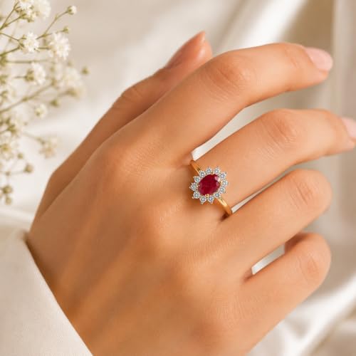 Image of Princess Diana Inspired Halo Birthstone Ring for Women Girls | Pure 925 Sterling Silver with AAA+ Natural Gemstone | 18K Gold-Plated | Best Gift for Birthday, Anniversary, or Valentine�s Day