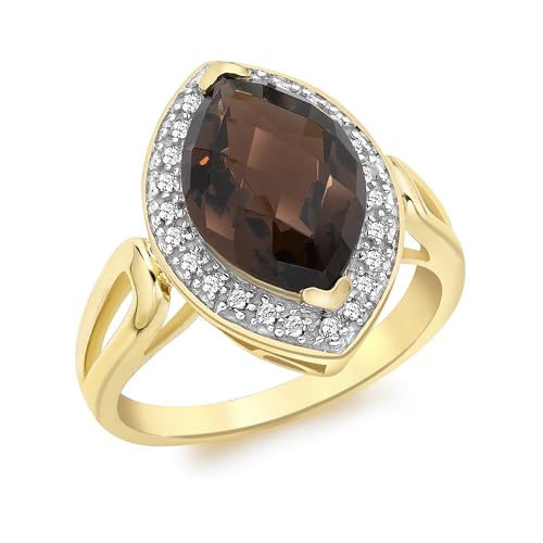 Image of CARISSIMA Women's 9ct Yellow Gold 0.15ct Diamond and Marquise Smoky Quartz Ring - Size O