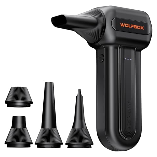 WOLFBOX MF60 Soplador de Aire Comprimido 110 000 RPM, Air Duster Inalámbrico Recargable, 3 Velocidades, Limpieza Potente para PC, Teclado, Ordenador y Coche, con 5 Boquillas