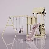 Rebo play tower with wave slide, children's swing and baby swing | Outdoor climbing frame garden with platform | Climbing rope and climbing ladder | Stable construction