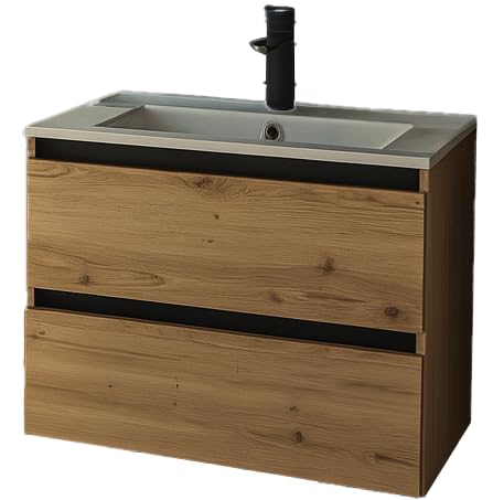 GERMAN Badmöbel Set 60 cm mit Keramik Waschbecken – Waschtisch Eiche...