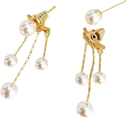 Pearl Drop Dangle Earrings, 925 Silver needle, Gold-Plated Chain, White Pearl, Elegant Cascading Style,Dangle earrings for women