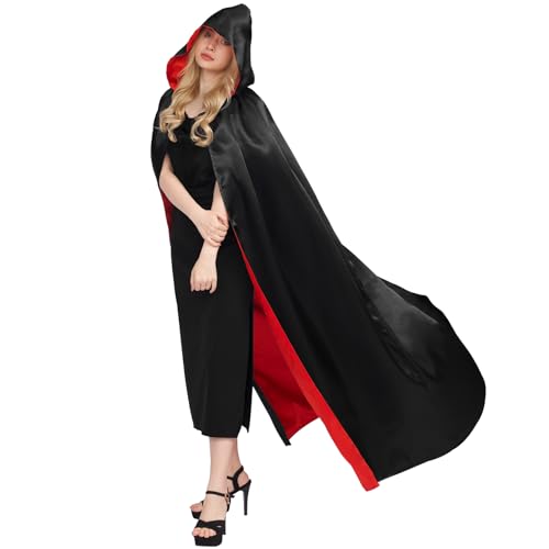 Myir JUN Czarno-czerwona peleryna dla dorosłych dzieci, uniseks, płaszcz z kapturem, kostium na Halloween, satynowy, czarownice, wampiry, płaszcz, fantazyjne przebranie dla dzieci (rozmiar XL)