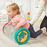 Hinchable y transparente, este cilindro con 3 bolitas sonajero dentro, rueda y suena sin parar. ¡Mira como gatea para cogerlo!