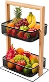 Amig - Frutero con 2 Cestos en Altura - Organizador de Cocina o Baño - Acero Negro y Bambú - Estante Multiusos para Tarros, Botes o Accesorios - 27 x 18 x 44 cm