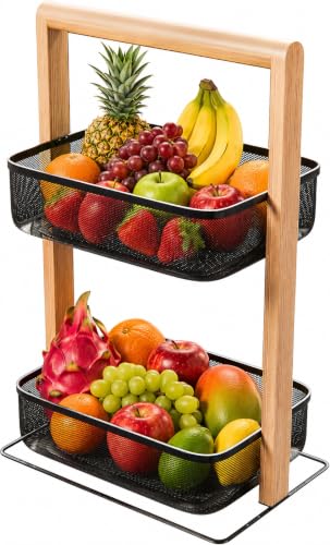 Amig - Frutero Con 2 Cestos En Altura - Organizador De Cocina O Baño - Acero Negro Y Bambú - Estante Multiusos Para Tarros, Botes O Accesorios - 27 X 18 X 44 Cm