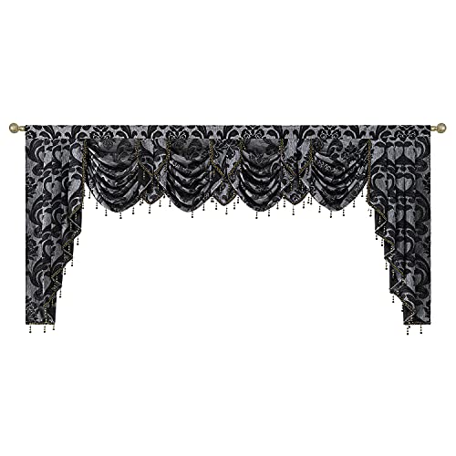 NAPEARL Schwarzer Volant für Wohnzimmer, Damast-Wasserfall-Volant für Fenster mit Perlen, breiter Volant für Fenster, 250 cm breit 1 Valance 101W x 49L Cover