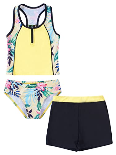 Choomomo Kids Girls Floral Printing Tops with Shorts Bottoms 3 Pieces Tankini Set Swimsuit Bathing Suit