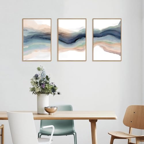 HPNIUB Blue Abstract Wall Art,Watercolor Line 16"x24" Framed Art Set of 3,Modern Wave Canvas Wall Decor,Natural Landscape Paint Stroke Prints for Living Room,Bedroom,Office by HPNIUB - Image 4