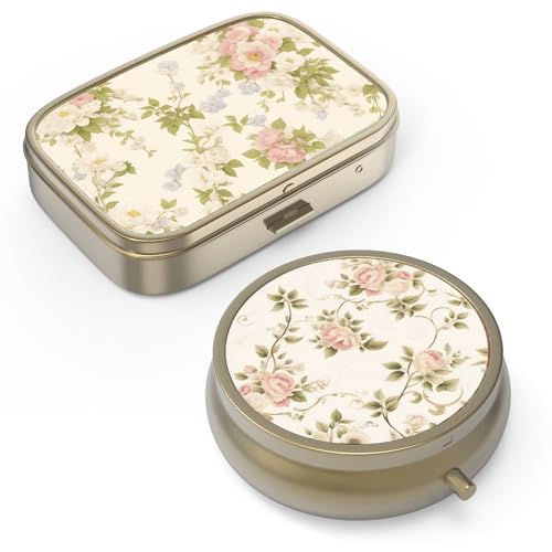 Image of Pill Organizer Pill Box with Mirror Retro Small Pill Case for Purse or Pocket Bronze Pill Box or Vitamins, Fish Oil, Supplements, Pill Containe Travel Gifts(2PCS-Vintage Floral)