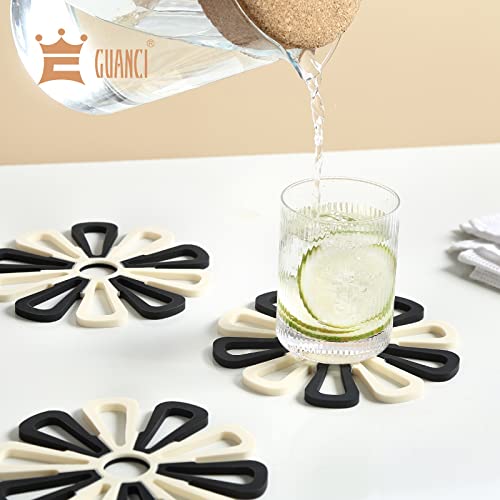 Silicone Trivet Mat Set Of 3, Guanci Hot Pot Holder Hot Pads For Table & Countertop Set Non-Slip & Heat Resistant Modern Kitchen Hot Pads For Pots & Pans(Black And Cream) #TOP4