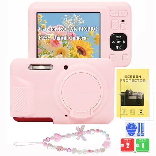 Merakika Case for Kodak PIXPRO FZ55 with 2 Screen Protector and 1 Charm Wrist Strap Soft Silicone Digital Camera Protector Case with Lens Cover for Kodak PIXPRO FZ55 Accessories (Smoked Pink)