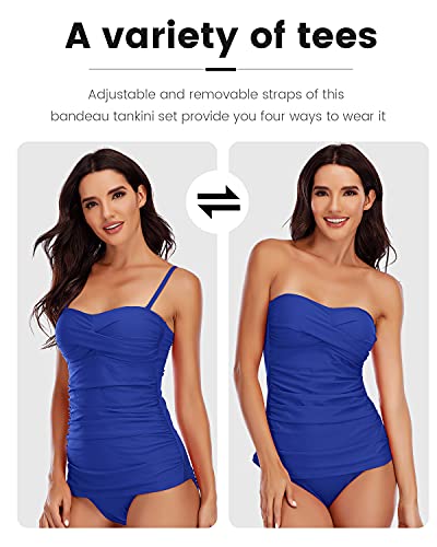 Image of Shuangyu Women's Twist Front Bandeau Tankini Set Two Pieces Ruched Tummy Control Suimsuit with Mid Waist Briefs