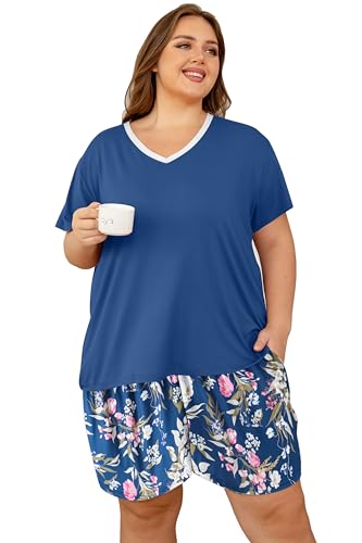 Image of Vozanet Women's Short Sleeve Top and Shorts Pajama Sets Plus Size V Neck Colorful Flower Nighty Loungewear With TWO Pockets