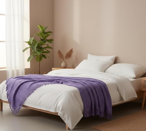 Image of 100% Cotton Waffle Weave Sofa Throw Blanket 50x60 Inches or 125x150 cms Lightweight, Soft & Breathable Couch, Bed or Chair Throw Blanket for Living or Bedroom, Lavender