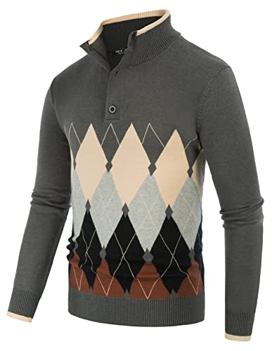 Men's Argyle Sweater 1/4 Button Stand Collar Knitwear Plaid Contrast Color Block Knitwear Grey S #TOP1