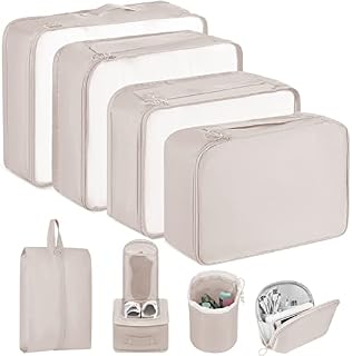 Amazon Brand - Umi Packing Cubes, 8PCS Packing Cubes for Suitcases, Travel Organiser Set for Clothes Shoes, Suitcase Organiser Bags, Travel Essentials Compression Packing Cubes for Travel (Beige)