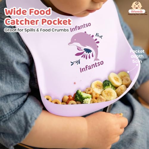 Image of Infantso Silicone Ultra Light Baby Bib for Feeding & Weaning Babies & Toddlers with Food Cather Pocket, Waterproof, Washable, Reusable, Non Messy Easy Cleaning, No Odour, Adjustable Button Neckline