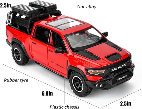 Image of 1 /32 Ram Pickup Truck Diecast Model Toy Car Metal Truck with Sound & Light Pull Back Friction Powered Toy Vehicle Openable Doors Collectible Gift for Kids & Boys (Red)
