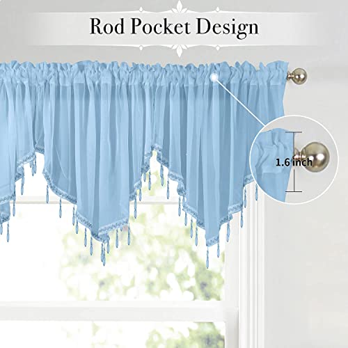 Wubodti Beaded Sheer Valance Curtains 3 Pieces With Rod Pocket, Blue Cafe Tulle Voile Swag Kitchen Window Valances With Tassel For Living Room Bedroom Bathroom Nursery, 51 X 24 Inch Length #TOP2
