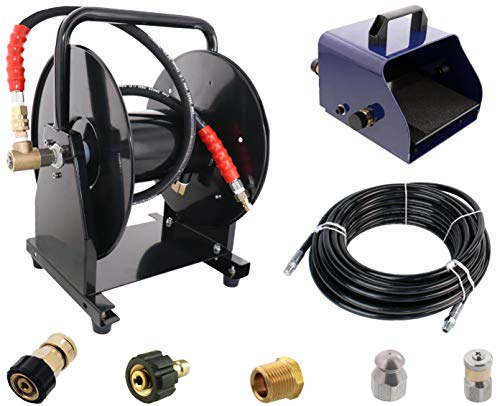 Scheiffer Sewer Jetting Kit - Foot Control Valve Hose Reel 1/4" x 150' Sewer Jetting Hose Button Nose and Rotating Nozzles