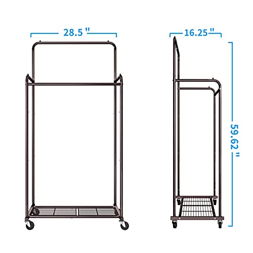 Simple Trending Double Rod Clothes Garment Rack, Heavy Duty Clothing Rolling Rack On Wheels For Hanging Clothes,With 4 Hooks, Bronze #TOP6