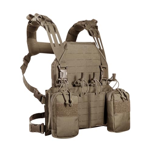 Tasmanian Tiger TT Modular Chest Rig 4xM4 Militär Gurtzeug mit 4 Magazin-Taschen abnehmbaren Seiten-Taschen und abklettbarem Frontflap für SAPI-Platten der Größe M; Coyote Brown