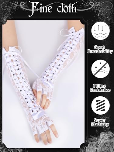 Guantes largos de encaje sin dedos de Geyoga con cinta estilo punk para Halloween 2