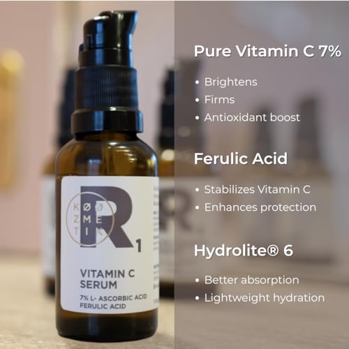 KØØ ZME ΤΙΚ Pure Vitamin C Face Serum with Ferulic Acid | Brightening, Collagen Boosting,Antiaging & Antioxidant Face Serum | 100% Bioactive | Everyday Face Serum | R1 KØØZMETIK | 30ml