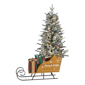 Prelit Christmas Tree with Sleigh 43 FT Snow Flocked Artificial Christmas Tree with Gift Box100 Warm White LEDs Battery Powered 8 Lighting Modes for Xmas Porch Entrance Decorations