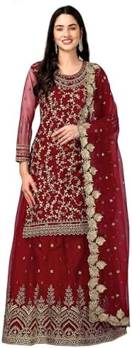 TRENDMALLS Women's Net Embroidery Salwar Suit Set Kurta Lehenga with Dupatta