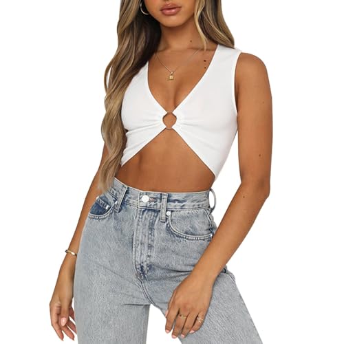 QKEPCY Mujer Camiseta Sexy Crop Top Elástico Manga Corta Verano Casual sin Mangas T-Shirt Y2K Tops Cut out Streetwear Informal (Blanco M)