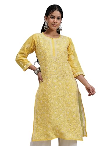 Image of Ada Women's Cotton Straight Fit Straight Hand Embroidered Lucknowi Chikankari Kurta Kurti A411165
