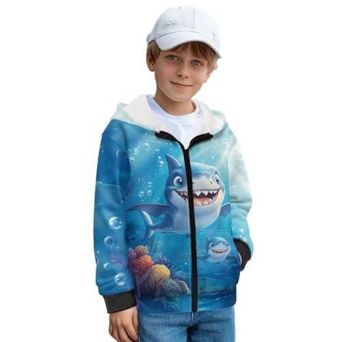 Ystardream Fleece Lined Boys Sweatshirts Size 6 Funny Shark Boys Zipper Hoodie with Kangaroo Pockets Crewneck Girl's Fashion Hoodies & Sweatshirts Stylish Fall Winter Coat for Teen Kids Easy On/Off