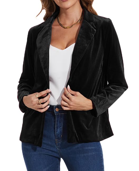 MINTLIMIT Velvet Blazers for Women Notched Lapel Long Sleeve Lapel Button Suit Blazer for Bussiness Casual, XL, Black2