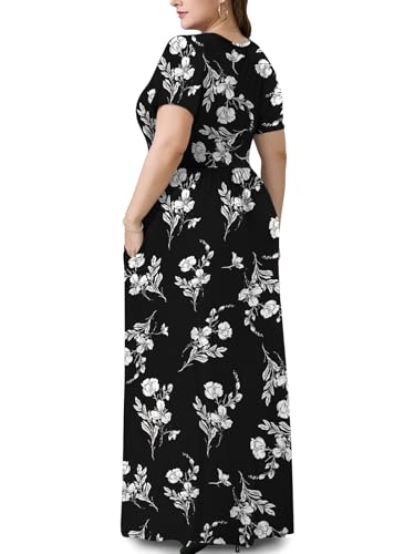 Image of PEVRL Plus Size Summer Maxi Dress for Curvy Women with Pockets 1X-5X | Short Sleeve, Twisted Front V-Neck, Summer Casual A Line Flowy Dress, Empire Waist Floral Print Beach Vacation Long Dress