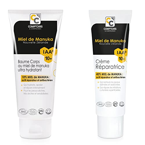 CRÈME RÉPARATRICE CERTIFIÉE BIO 40% MIEL DE MANUKA IAA10+ - Élu Meilleur Produit Bio 2019 & BAUME ULTRA HYDRATANT CERTIFIÉ BIO 10% MIEL DE MANUKA IAA10+