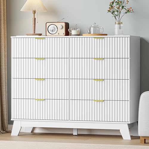Image of White Dresser 8 Drawer Dresser for Bedroom, 47''Wide Fluted Wooden Dresser Storage Cabinet and Chest of Drawers with Metal Handle, Storage Organizer for Living Room, Hallway, Entryway