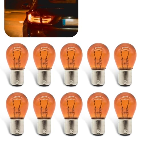 Flygun 10 PCS Car 1157 P21/5W S25 BAY15D Bulb, Double Tail High and Low Brake Lamp Turn Signal Light Bulb LongerLife Replacement, Universal Halogen Brake Tail Lamp Parking Light (Amber)