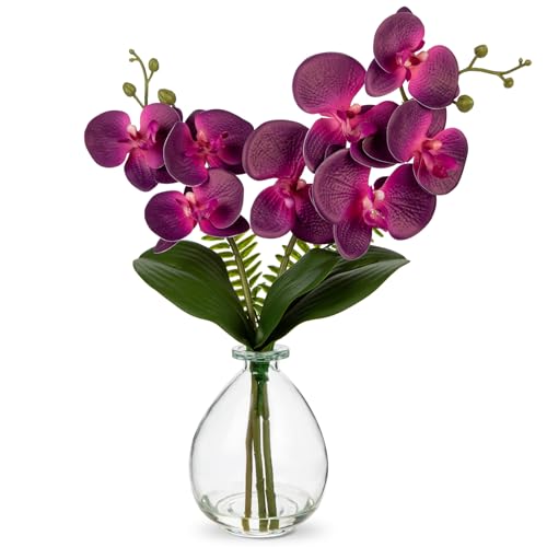 Oairse Purple Orchids Artificial Flowers, Faux Orchid in Glass Vase Real Touch Small Phalaenopsis Orchid Flowers Arrangements with Clear Vase Orchids Centerpiece for Dining Room Table