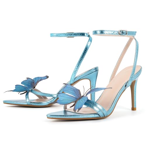 MissHeel Blue Heels with Butterfly Heel for Women Stiletto Ankle Strap High-Heels Butterflies Shoes Party Wedding Prom Size 7.5