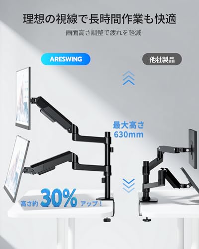 ARES WING モニターアーム デュアル ロングポール 17~35インチ対応 耐荷重2~12kg ディスプレイアーム 2画面 VESA規格 メカニカルスプリング式 上下 多角度/高さ調節 ケーブル収納 pc モニタースタンド 卓上 ゲーミング ブラック 3年保証 GDT1009P-2BK
